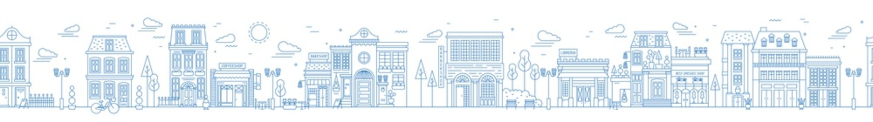 Monochrome seamless urban landscape with city street or district. Cityscape with residential houses and shops drawn with contour lines on white background. Vector illustration in lineart style. © Good Studio