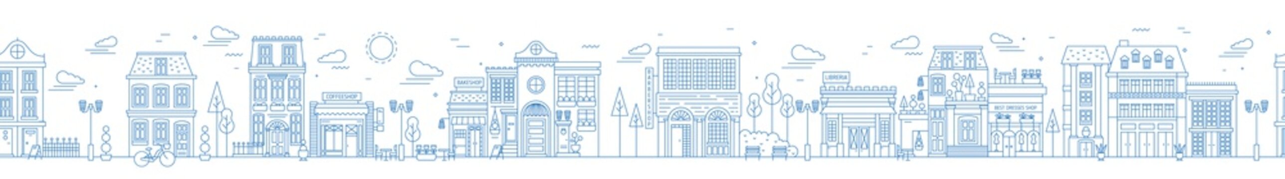 Monochrome seamless urban landscape with city street or district. Cityscape with residential houses and shops drawn with contour lines on white background. Vector illustration in lineart style.