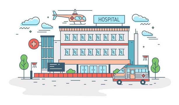 Hospital, Clinic Or Medical Center Building With Helicopter Landing On Top Of It And Ambulance. Health Care Institution Providing Treatment. Colorful Vector Illustration In Modern Line Art Style.