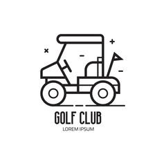 Golf school and club logotype. Golfing league logo or emblem with golf cart for golfers on court. Driving range icon with golf-club sign in line art style.