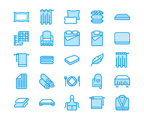 Bedding flat line icons. Orthopedics mattresses, bedroom linen, pillows, sheets set, blanket and duvet illustrations. Thin signs for interior store. Pixel perfect 48x48.
