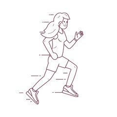 Running young girl character in line art. Smiling jogger woman in motion.