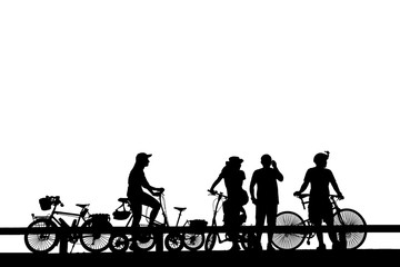 Silhouette group friend  and bike relaxing on white  background