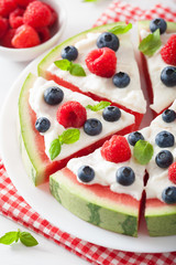 watermelon pizza slices with yogurt and berries, summer dessert