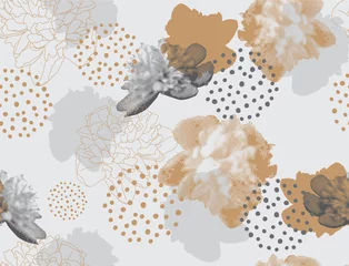 Behang Modern bloemenpatroon in een halftone stijl. Naadloos vectorornament met bloemen en geometrische vormen. Pioenrozen op een grijze achtergrond © Oscar Ghost