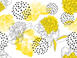 Abwaschbare Fototapete Grafikdrucke Nahtloses Vektormuster mit gelben Pfingstrosen und geometrischen Formen auf weißem Hintergrund. Trendiges Blumenmuster im Halbtonstil.