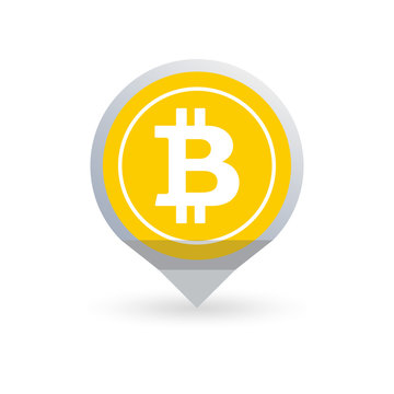 Bitcoin flat icon. Crypto coin logo in the shape of map pointer or marker. Net banking sign. International money or currency. Vector illustration.