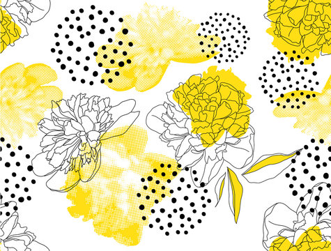 Seamless vector pattern with yellow peonies and geometric shapes on a white background. Trendy floral pattern in a halftone style.