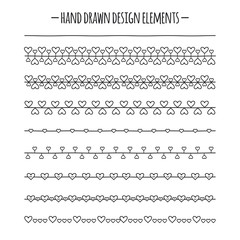 Obraz premium Romantic Brushes. Border with Heart. Hand Drawn Vector Line Border Set. Design element. Valentine Day. Trendy doodle style.