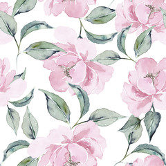 Seamless pattern of delicate pink peony flower watercolor and leaves