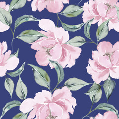 Seamless pattern of delicate pink peony flower watercolor and leaves