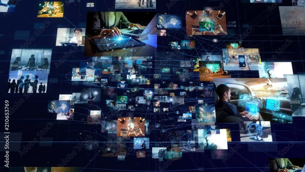 Poster Network of business concept. Group of pictures in cyberspace. IoT(Internet of Things). AI(Artificial Intelligence).