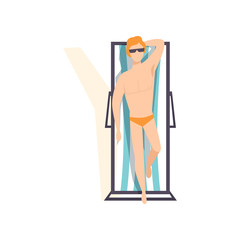 Young man sunbathing on the beach, top view of lying guy vector Illustration on a white background