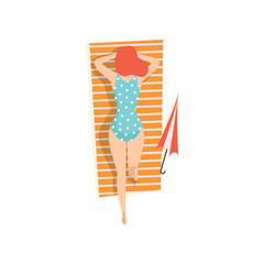 Young woman in blue swimsuit lying on her stomach and sunbathing on the beach, top view vector Illustration on a white background
