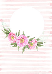 vintage card with pink peonies watercolor