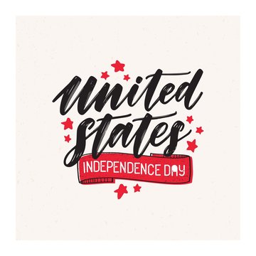 United States of America Independence Day lettering written with cursive calligraphic font and decorated with ribbon