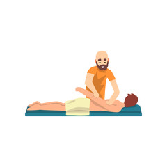 Male therapist doing back massage to young man, rehabilitation care and physiotherapy treatments vector Illustration on a white background