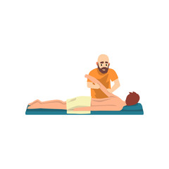 Man on massage session, male therapist doing massage, rehabilitation care and physiotherapy treatments vector Illustration