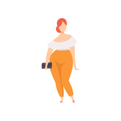 Curvy, overweight girl in fashionable clothes, beautiful plus size fashion woman, body positive vector Illustration on a white background