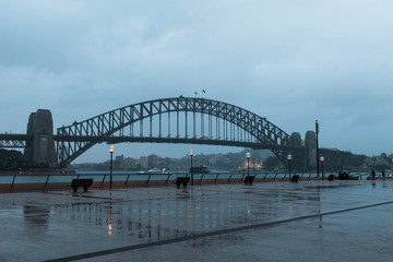 Rainy day view on Sydney Harbour Bridge.