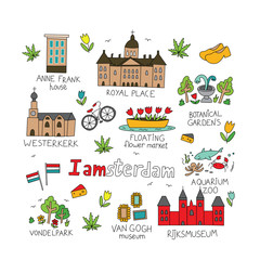 Amsterdam city doodle collection in cute hand drawn style. Amsterdam cartoon flat symbols set, attractions and sights in circle. Holland vector illustration isolated on white. - obrazy, fototapety, plakaty