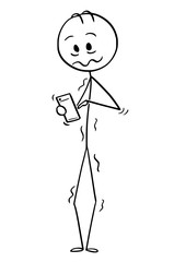 Cartoon stick drawing conceptual illustration of stressed man or businessman walking with mobile phone.