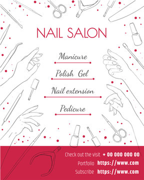 Nail Salon. Template Of A Poster, A Flyer Or A Price Tag. Manicure And Pedicure Design Layout.