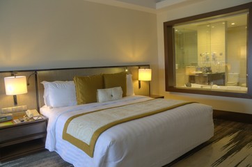 beautiful luxurious bedroom, condominium, apartment with double bed and pillow