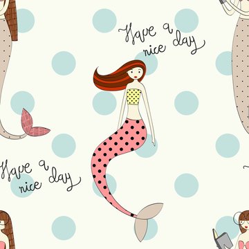 Vector cute seamless pattern with a mermaids