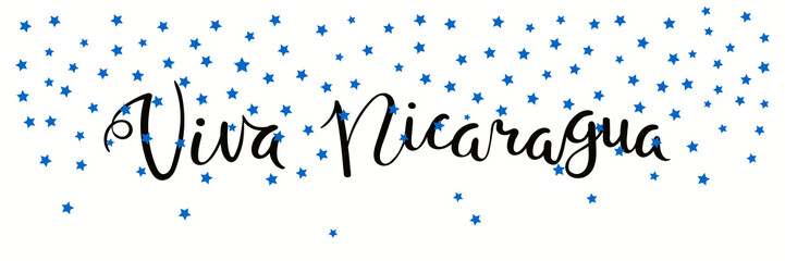 Banner template with calligraphic Spanish lettering quote Viva Nicaragua with falling stars, in flag colors. Isolated objects. Vector illustration. Design concept independence day celebration, card.