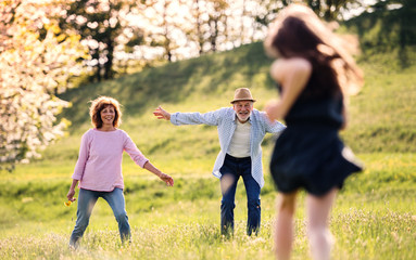 A small girl with grandparents running outside in spring nature.