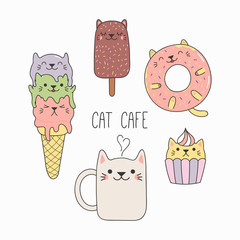Hand drawn vector illustration of a kawaii funny desserts and steaming mug cup with cat ears. Isolated objects on white background. Line drawing. Design concept for cat cafe menu, children print.