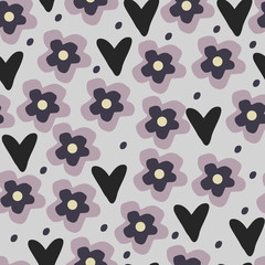 Fototapeta premium Cute hand drawn pattern with flowers and hearts.