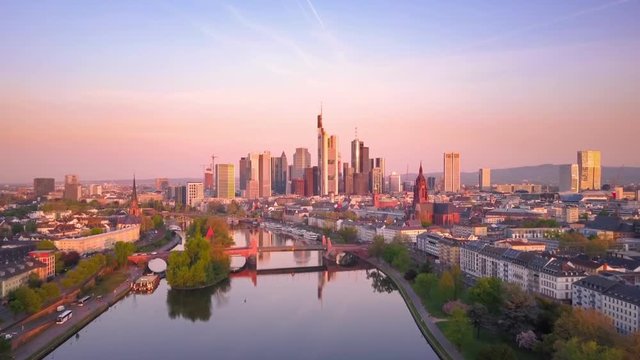 frankfurt aerial view at sunrise flying to financial district cut two