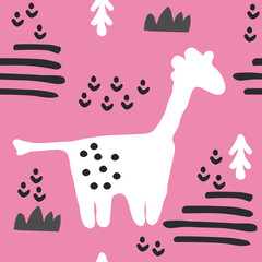 Cute seamless pattern with giraffe. Animal pattern in scandinavian style. For children and kids. For textile,fabric, wrapping or poster. Vector hand drawn illustration.