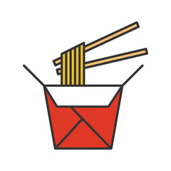 Chinese noodles in paper box and chopsticks color icon