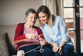 Elderly grandmother and adult granddaughter at home, knitting.