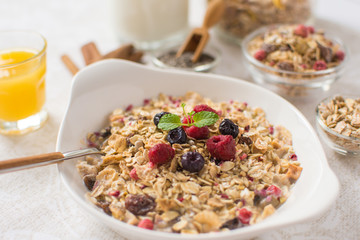 Muesli With Milk, Chia Seeds, Berries and Cinnamon as Healthy Breakfast