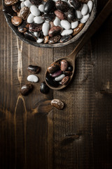Colorful Raw Beans on Dark Wooden Background