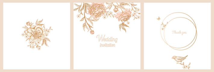 Vintage greeting card with birds and flowers set.