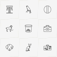 Pets line icon set with first aid kit , pills and cat