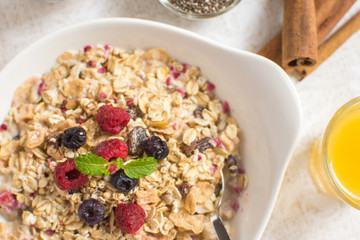 Muesli With Milk, Chia Seeds, Berries and Cinnamon as Healthy Breakfast