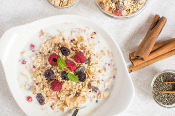 Muesli With Milk, Chia Seeds, Berries and Cinnamon as Healthy Breakfast