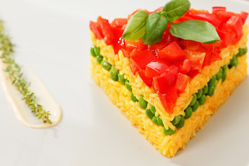 Vegetarian food, rice salad with vegetables, healthy meals
