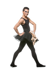 handsome ballet artist in tutu skirt