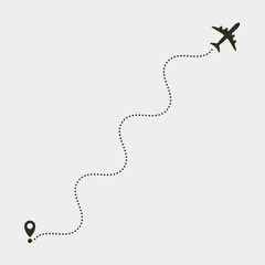 plane with dashed path lines. airplane flight route.