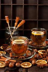 Still life with tea and lemon. Healthy drink.