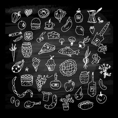 Fototapeta na wymiar Food icons set on the blackboard vector illustration