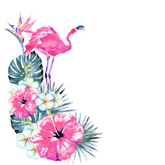 beautiful pink flamingo and exotic  flowers , palm leaves, watercolor