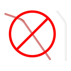 refusal of disposable plastic drinking straw in favor of reusable glass drinking straw, stop sign on white background, ban plastic drinking straw, stock vector illustration